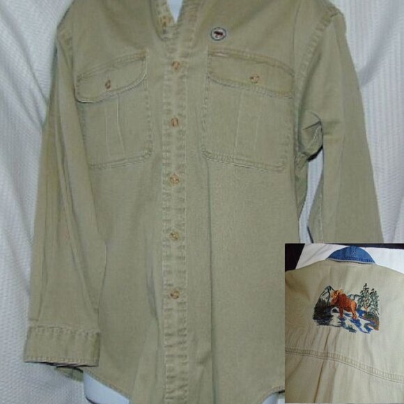 Vtg. Canadian Outdoors Long-Sleeve Button Shirt Embroidered Moose Khaki/Denim XL - Picture 1 of 13